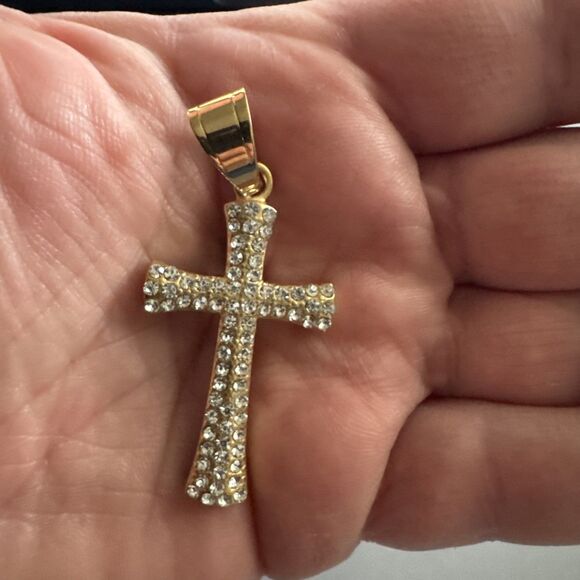 Cubic Zirconia Stainless Steel Cross Pendant Studded 24 Inch Necklace Gold Plate - Picture 4 of 6